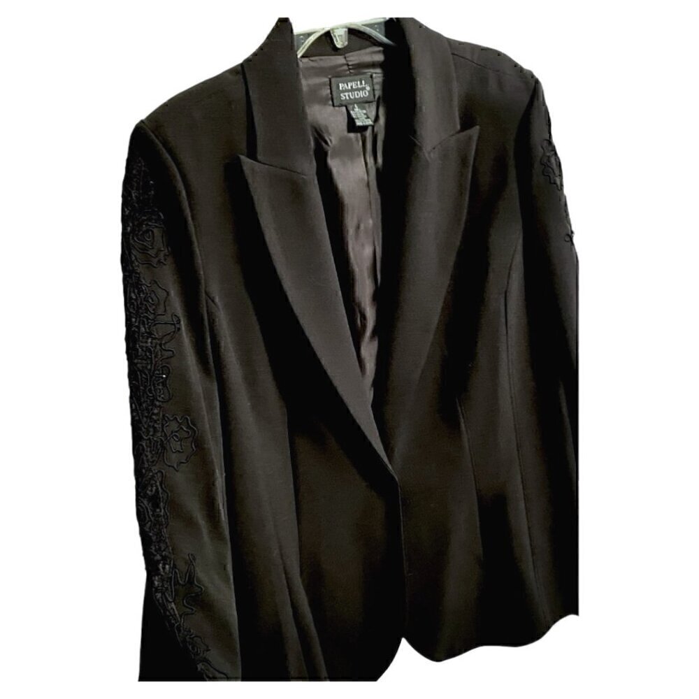Adrianna Papell Studio Black Blazer Jacket Lace Cut Out Embellished Sleeves Sz L